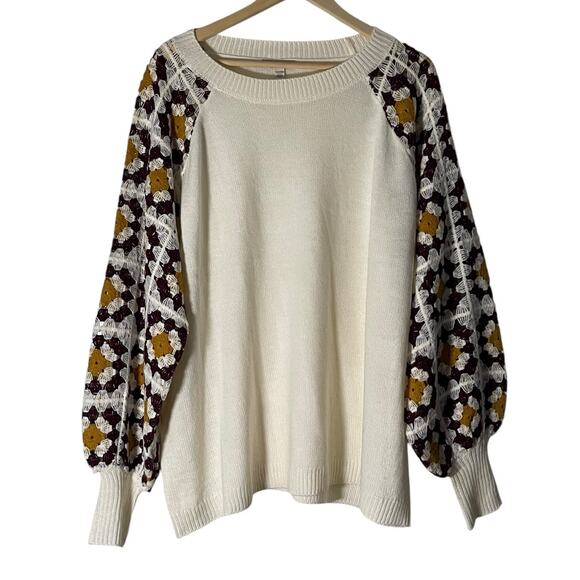 Cato Plus Size 22/24W Boho Crochet Balloon Sleeve Sweater Ivory Mustard Brown - Picture 1 of 7
